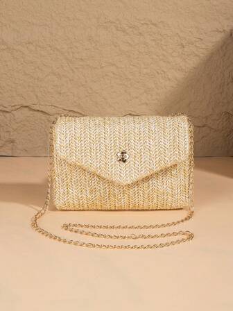 New Casual Woven Crossbody Bag For Women, Magnetic Closure, Lightweight Material, Shoulder Bag, Metal Chain Strap, Suitable For Commute And Beach Vacation - No Print Design