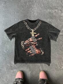 1pc Men's Crew Neck Short Sleeve T-Shirt, Distressed Snow Salt Washing, Cotton Tee With Necklace & Hand Graphic, Novelty Graphic, Good For Holiday Gift