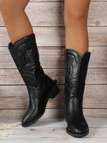 Women's Chunky Western Boots, Embroidered Pointed Toe V-Cut Cowgirl Boots, Versatile Mid Calf Boots