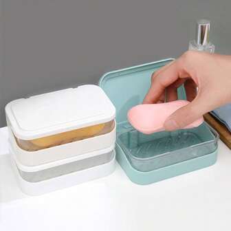 1pc Plastic Rectangle Soap Box, Soap Container With Lid, Portable Soap Case, Soap Holder With Cover, Drain Soap Dishes For Bathroom, Bathroom Accessories