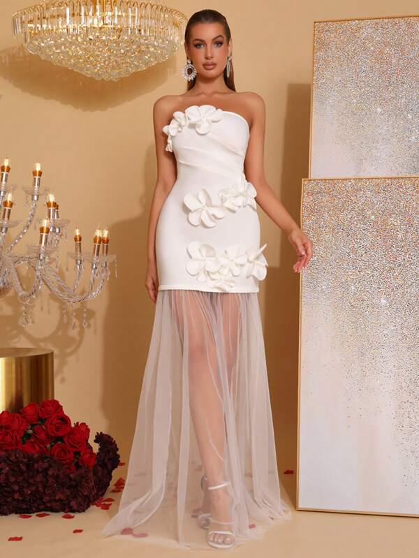 Modphy New White 3D Floral Sexy Off-Shoulder Backless Bodycon Bandage White Dress, Elegant Women Wedding Bridesmaid Formal Party Evening Gown