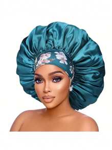 1 pieza Gorro de seda para dormir de mujer con ala ancha, banda elástica y estampado aleatorio, gorra suave de seda para cabello rizado