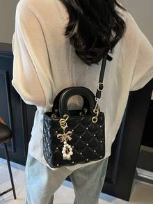 高端菱形图案优雅女士手提包，韩版休闲时尚单肩斜挎包，珍珠蝴蝶结装饰的独特小包，适合购物、钱包、逛街、年轻女性、大学生、新婚夫妇、办公室女士。非常适合办公室、大学、工作、商务、通勤、户外活动、旅行和短途旅行，情人节礼物 - 黑色 - 查看 7