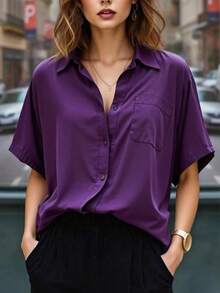 Blusa de manga corta sencilla para mujer, casual de verano y vacaciones - Morado - Ver 5