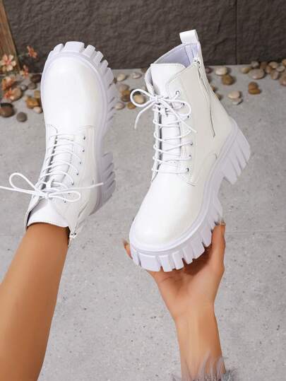 Weiße Schnürstiefel in Große Größen für Damen, Punk-Stil, runde Zehenkappe, dicke Sohle, vielseitig einsetzbar, im englischen Stil, Ankle Boots, geeignet für Frühling und Herbst, im Westernstil