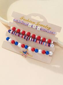 Pulseira com 4 peças de contas vermelhas, brancas e azuis para o Dia da Independência dos EUA, ideal para combinar com vestidos de festa do Dia Nacional.