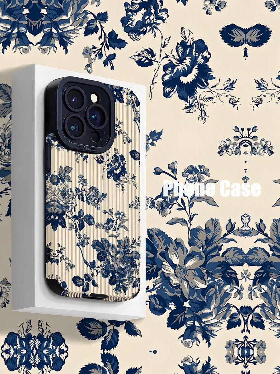 1 件复古蓝色花卉垂直条纹仿皮保护软壳适用于 Apple 和 S15/S15Plus/S15Pro/S15ProMax 防水防震防摔防刮 - 彩色 - 查看 1