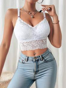 2 piezas Bralette de encaje de unicolor, Sujetador deportivo informal tipo top corto para mujeres, Camiseta de tirantes finos, Apta para todas las estaciones