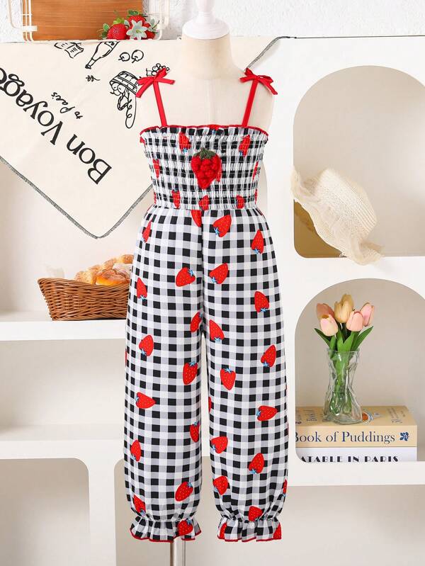 Young Girl Cute Strawberry Print Suspender Shirred Jumpsuit, Girls Summer Plaid Loose Romper, Essential For Outdoor Wear