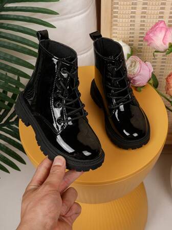 1 Pair Black Shiny Leather Toddler Ankle Boots, Front Lace-Up, Side Zipper, Metal Buckle, Round Toe, Soft Flat Non-Slip Comfortable Cute Mid-Calf Boots, Suitable For 3-12 Years Old Boys And Girls, New Autumn/Winter Collection