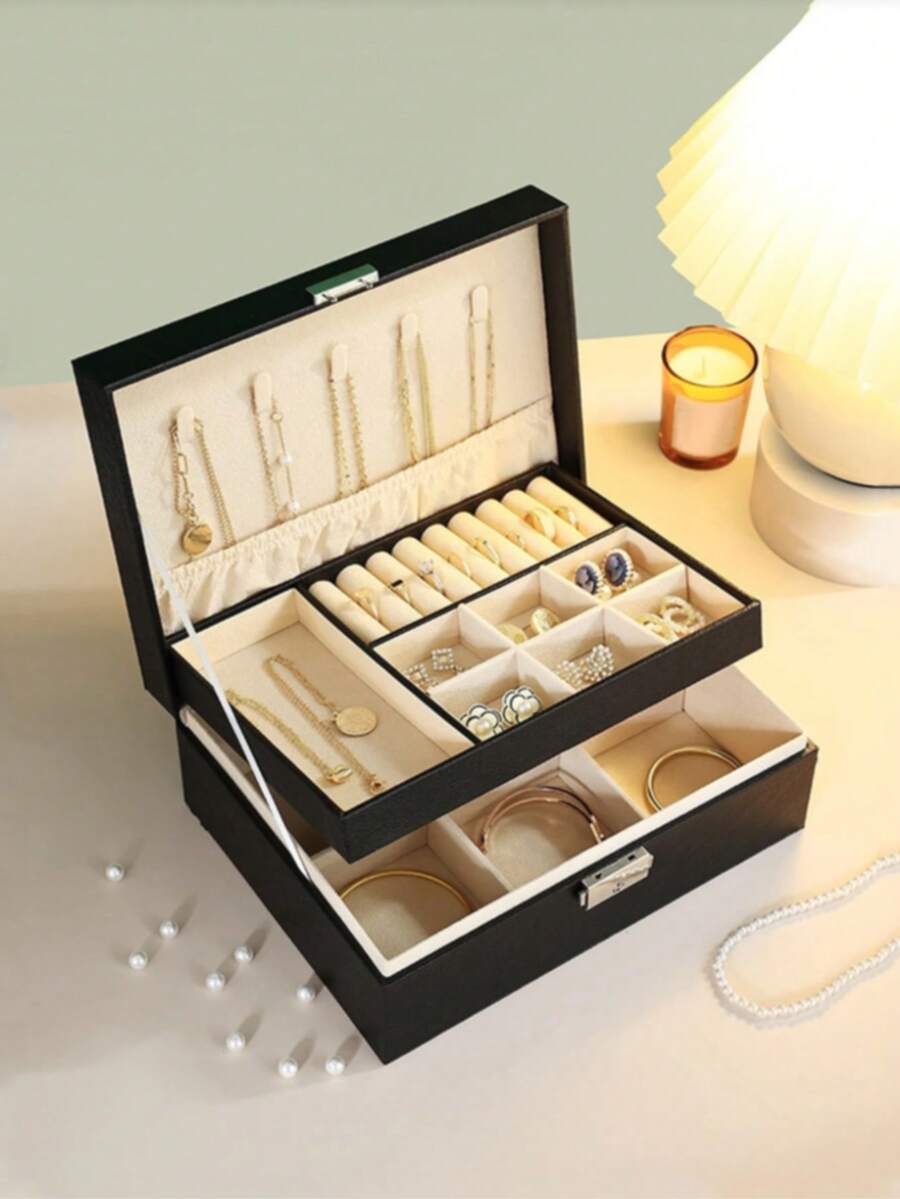 Luxury Jewelry Box With Lock & Key - Vintage Leather 2-Layer Organizer, Plush Velvet Lined For Necklaces, Rings, Earrings - Valentine's/Birthday Gifts For Women - Multicolor - View 1