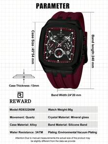 REWARD Men's Quartz Watch Business Fashion Style Timing Calendar Luminous Hands Multi-Functional Men Wristwatch High Quality Gift Classic Design Silicone Watch Band - Red - View 8