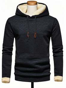 Men's Outdoor Hooded Sweatshirt With Warm Lining, Featuring Waffle Knit Design, Warm And Fashionable, Suitable For Autumn/Winter - Black - View 10