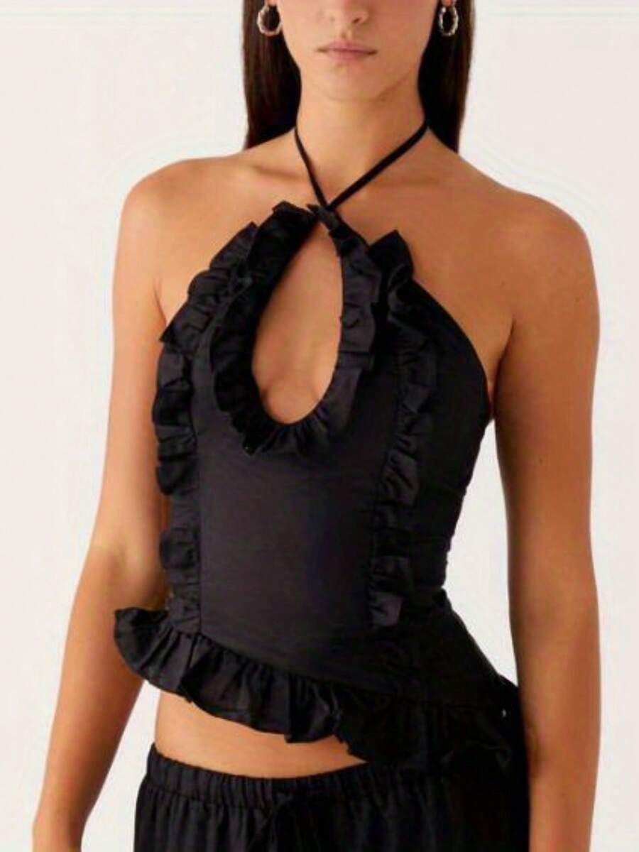Crossover Halter Neck Ruffle Top For Women Tie Up Sleeveless Backless Top Summer Hollow Out Ruffled Vest For Club Party Beach Wear - Black - View 1