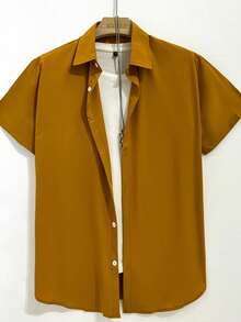 Men's Casual Slim Short Sleeve Solid Color Summer Vacation Shirt - 駝色 - 查看 1