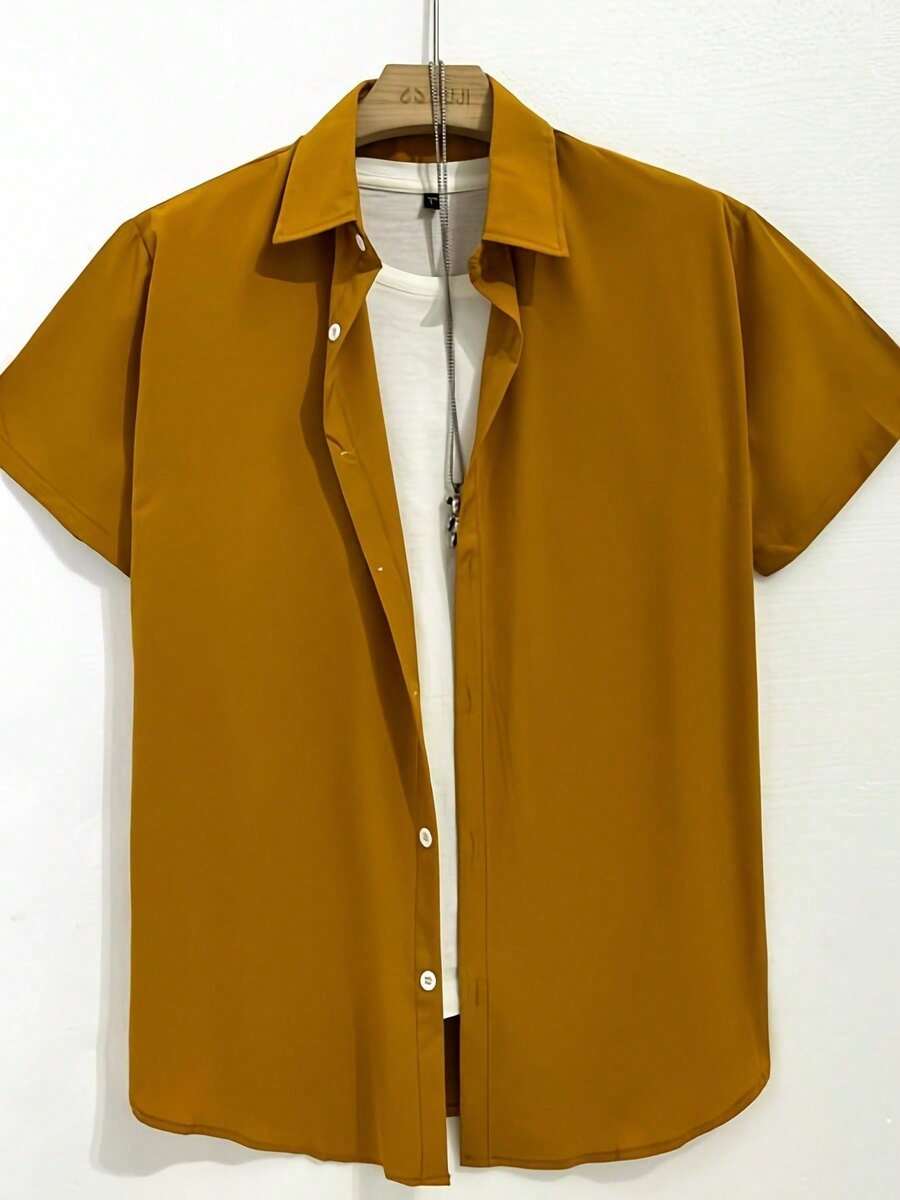 Men's Casual Slim Short Sleeve Solid Color Summer Vacation Shirt - 駝色 - 查看 1