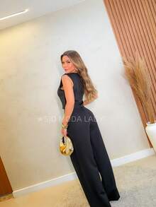 SJD MODA LADY Solid Tailored Set, Casual, Sleeveless Top And Palazzo Pants - 黑色 - 查看 5