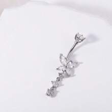 1 Pc Copper Material Butterfly Style Long Navel Ring, Silver Zirconia Inlaid