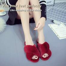 Local Delivery--LZLER Women's Cross Band Slippers, Soft Plush Fleece Lightweight Non Slip Open Toe Flip Flop Shoes House Indoor Outdoor Fur Fuzzy Slippers - 紅色 - 查看 3