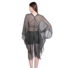 Playa de pareos para mujer,Bufanda plana, chal grande, manga de cinta dorada y plateada, chal con aberturas, blusa de bikini de vacaciones, ropa de protección solar - Negro+Hilo de plata - Ver 5