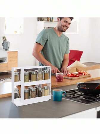 双层旋转调味品架收纳架 - 180°旋转拉出式搁板，适用于台面、橱柜或食品储藏室 | 节省空间的塑料调味品储存架，用于存放盐、胡椒、油瓶（易于组装，防滑底座）