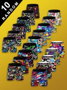 10-Pack Random Men's Long Boxer Briefs - Lightweight, Colorful Graffiti-Style Geometric Print, Polyester And Spandex Blend