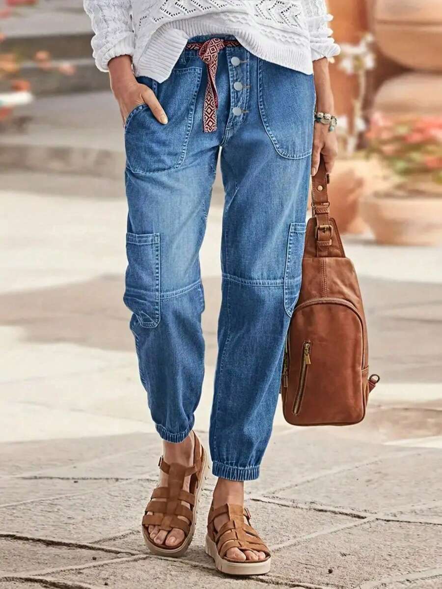 Plus Size Women Front Button Multiple Pockets Elastic Waist Loose Wide Leg Casual Jeans