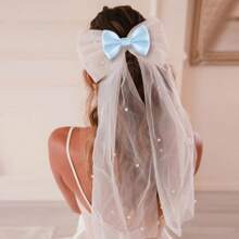 Custom Eternal Elegant Bridal Headpiece With Bow And Veil, Pearl Bow Hair Clip Tulle Veil Headband, Multiple Color Options, White Sheer Clip-On Wedding Accessories Suitable For Brides, Bridesmaids, Graduations And Bridal Parties