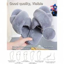 Local Delivery--LZLER Women's Cross Band Slippers, Soft Plush Fleece Lightweight Non Slip Open Toe Flip Flop Shoes House Indoor Outdoor Fur Fuzzy Slippers - 灰色 - 查看 6