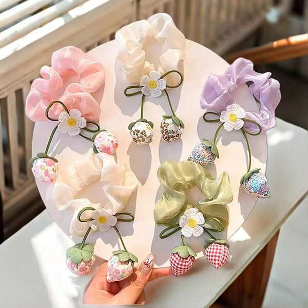 1 pieza/4 piezas Coleteros con diseño de flores de fresa, dulces y lindos lazos para el cabello para moños, coleteros, accesorios para el cabello