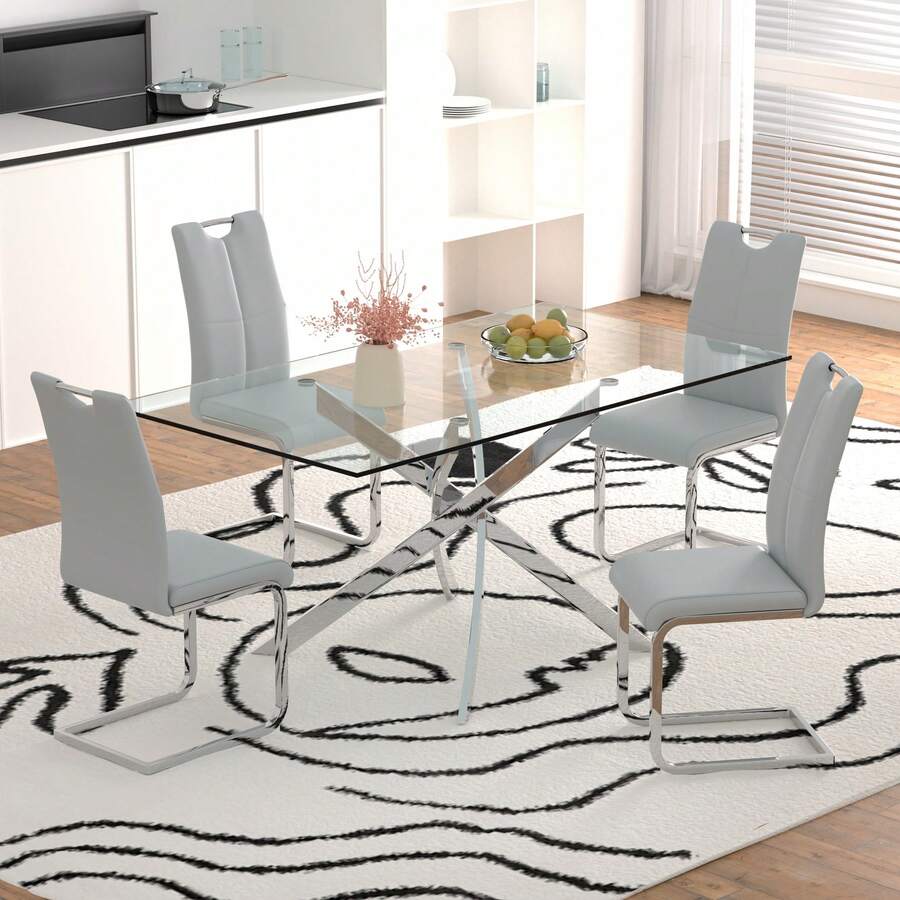 Sumdeal 63" Glass Dining Table Set For 4,Sumdeal 63" Glass Dining Table Set For6,Silver/Gold Base Dining Room Table With 4/6 Silver/Golden Leg C Shape Chairs,63" Modern Glass Dining Table With Gold/Silver Leg - 1張桌子和4張灰色銀腿椅子 - 查看 1