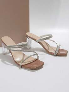 法式方头绑带水钻素色简约优雅仙女风格方头粗跟凉鞋，适合女士，夏季户外时尚法式水钻高跟鞋，适合通勤、约会、商务、购物、派对 - 杏色 - 查看 6