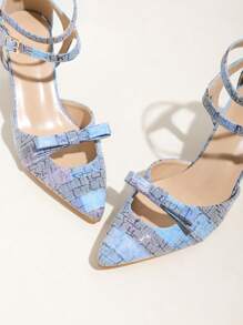 Pointed Toe High Heel Hollow Out Shoes With Bowknot, Blue For Women