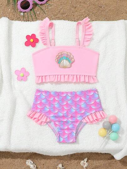 2件套粉色美人鱼渐变鳞片图案女童泳衣