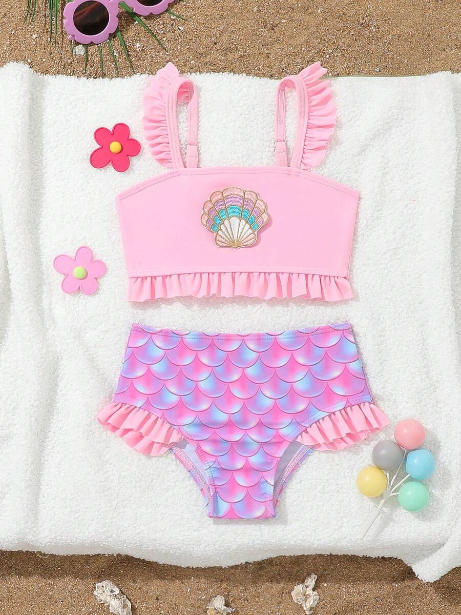 2件套粉色美人鱼渐变鳞片图案女童泳衣 - 淺粉色 - 查看 1