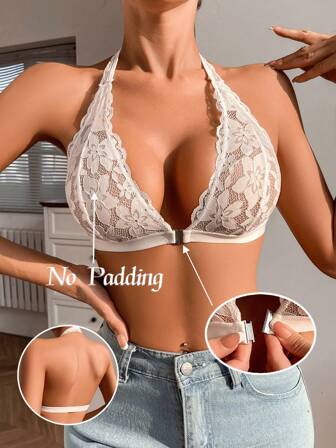 1 pieza Sujetador de mujer con cuello de halter, sin alambre, transpirable, con costuras de encaje y hebilla frontal