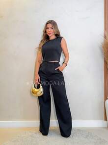 SJD MODA LADY Solid Tailored Set, Casual, Sleeveless Top And Palazzo Pants - 黑色 - 查看 3