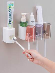 4 In 1 Toothbrush Holder Set With Self-Adhesive, Wall Mounted Toothbrush Organizer, Easy Installation Space-Saving Bathroom Accessory Home Bathroom Decor Fall Decor Back To School