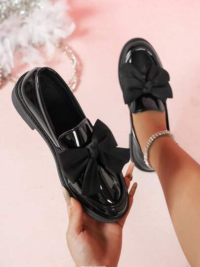 Flat Women's Slip-On Black Shoes, Fashion Pointed Toe Bow Mary Jane Ballet Shoes, Commuting/Work Stewardess/Nurse Shoes, Elevator, Non-Slip, Lightweight, School Style Loafers