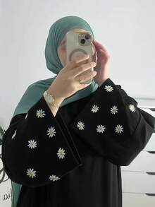 Modest Long Sleeve Abaya Dress Featuring Scoop Neck And Floral Appliques On Woven Fabric