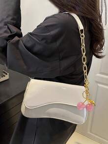 1 件女士简约仿皮方形链条单肩包，白色，适合通勤、单肩/手提，时尚樱桃装饰，适合约会、户外、派对、情人节，配有樱桃吊饰