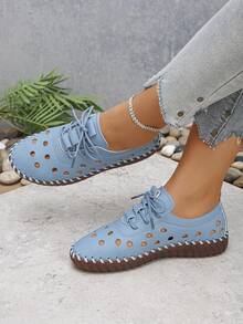 Zapatos planos casuales para mujer, unicolor retro, huecos, ligeros, suaves, transpirables y perforados - Azul - Ver 2