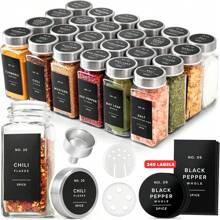Glass Spice Jars With Labels And Steel Lids (24 X 4oz) Spice Containers With 240 Label, Steel Funnel, Shaker Inserts, Empty Square Seasoning Organizer For Spice Rack, Cabinet, Drawer - Black Stainless Steel Lid - 查看 9