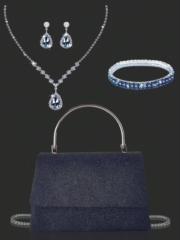 Elegante y encantador bolso de noche para mujer, bolso de hombro exquisito y lujoso con un juego de collar, pulsera y pendientes decorados con diamantes de imitación brillantes, bolso de hombro elegante para chicas de fiesta, damas, novias, perfecto para fiestas, bodas, bailes de graduación, cenas/banquetes.