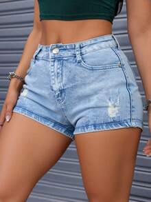 Pantalones cortos vaqueros de talle medio en azul claro con rotos, modernos y versátiles - Lavado ligero - Ver 1