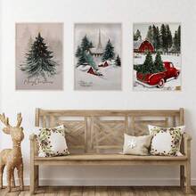 3 sztuki Wesołych Świąt, Wiejski Domek Bożonarodzeniowy Malowanie Ścienne, Zimowe Malowanie Ścienne, Dekoracja Świąteczna, Wygodna Dekoracja, Nadruk Choinki, Dekoracja Domu Bożonarodzeniowego, Logo Bożonarodzeniowe, Plakat Ścienny Na Płótnie, Idealny Prezent Do Sypialni Salonu Korytarz. Sztuka Ścienna Z Ramą