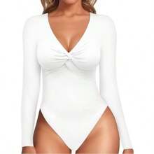 Wrap Bodysuit With Front Detail, Deep Neckline, Long Sleeves - White - View 1