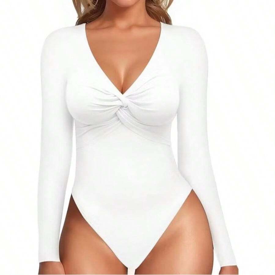 Wrap Bodysuit With Front Detail, Deep Neckline, Long Sleeves - White - View 1
