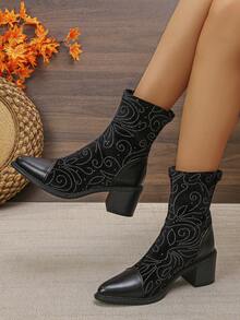 Damen Mitte Wade Stiefel & Knöchel Stiefel mit Glitzer Strass Muster, spitzer Zehenbereich, Klobiger Absatz, Elastisch, Outdoor, Sport, Mittleres Alter, Lässig, Süß, Elegant, Punk, Hochwertig, Neuer Chinesischer Stil, Lolita, Y2K, Streetwear, Nachtclub, Chinesische Hochzeit, Westliche Hochzeit, Material: Stoff, Strass, Outdoor, Zuhause, Party, Büro, Strand, Fitnessstudio, Sommer, Herbst