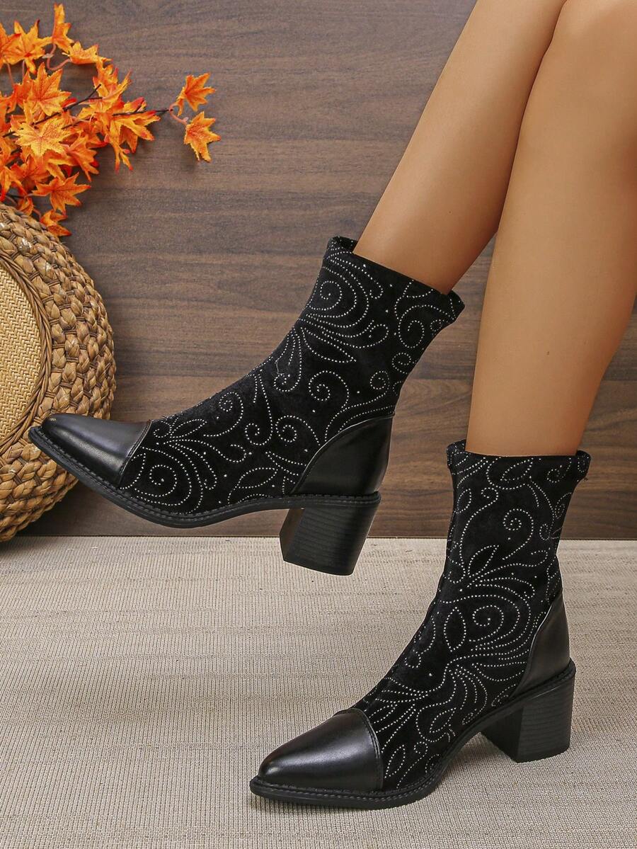 Damen Mitte Wade Stiefel & Knöchel Stiefel mit Glitzer Strass Muster, spitzer Zehenbereich, Klobiger Absatz, Elastisch, Outdoor, Sport, Mittleres Alter, Lässig, Süß, Elegant, Punk, Hochwertig, Neuer Chinesischer Stil, Lolita, Y2K, Streetwear, Nachtclub, Chinesische Hochzeit, Westliche Hochzeit, Material: Stoff, Strass, Outdoor, Zuhause, Party, Büro, Strand, Fitnessstudio, Sommer, Herbst